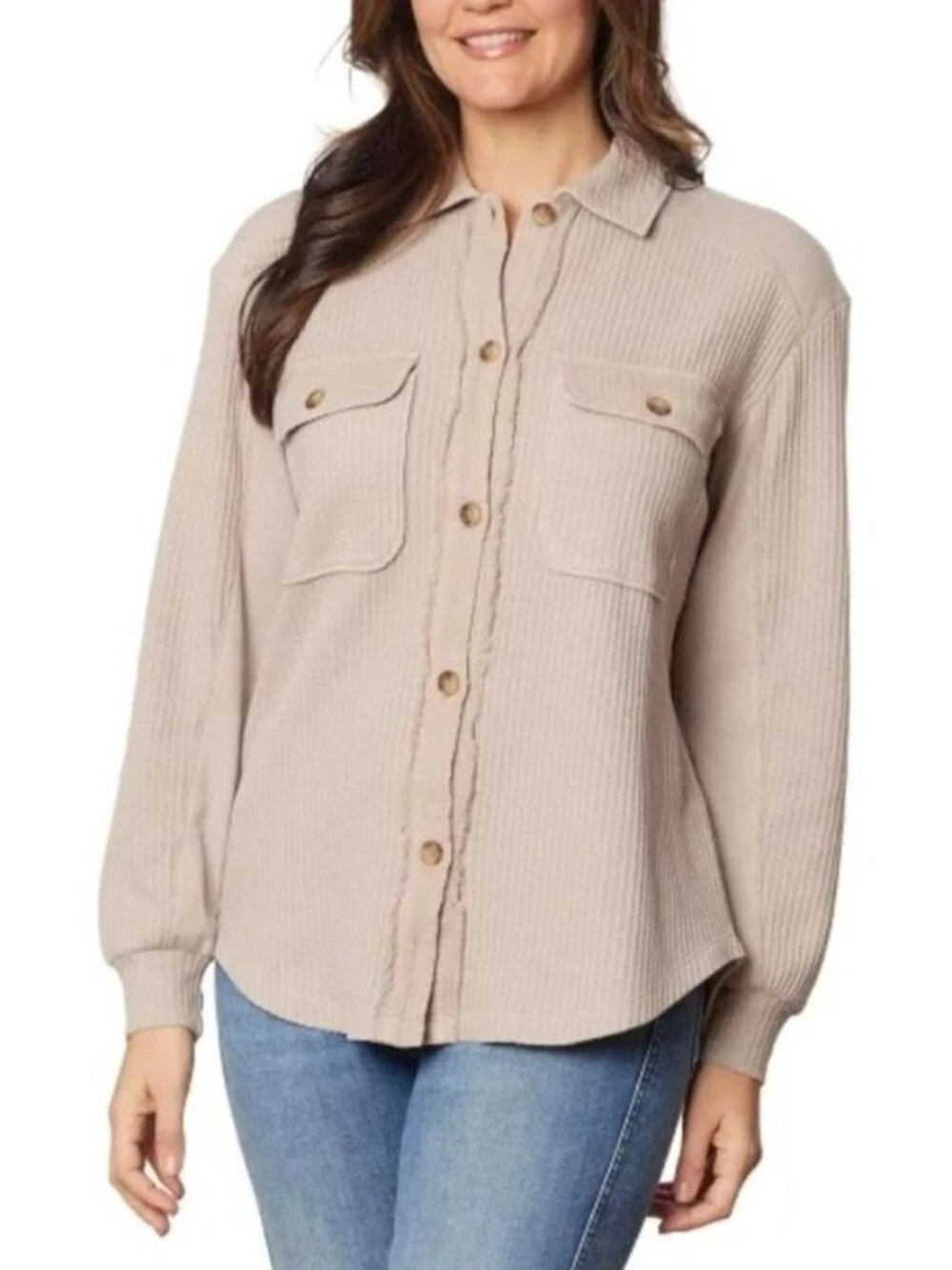 NWT Briggs Women's L Waffle Knit Button-Up Shirt Distressed Beige